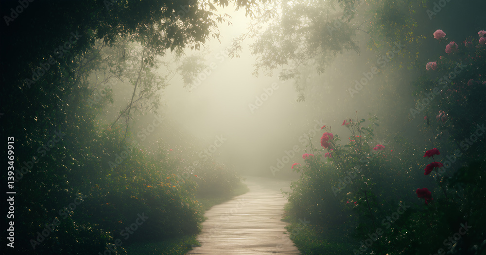 Misty Rose Garden Path: A Serene Escape
