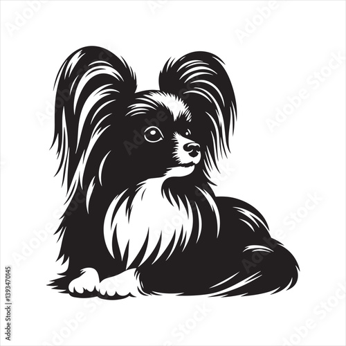 Papillon Dog Vector Silhouette, Elegant Small Canine Outline, Playful Pet Lover Clipart, Adorable Dog Art for Logos, Stickers, Apparel, Digital Prints, Crafts, and Posters.