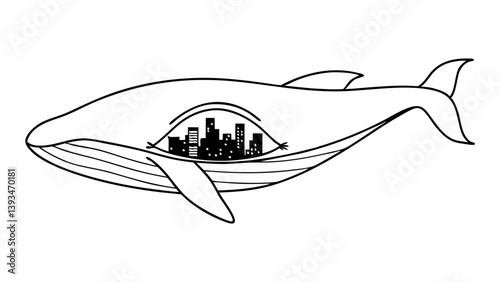 Surreal Whale Cityscape Silhouette Black and White Line Art Illustration