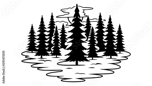 Stylized Black and White Pine Tree Forest Vector Illustration