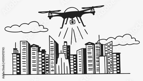 Aerial Drone City Skyline Black and White Line Drawing
