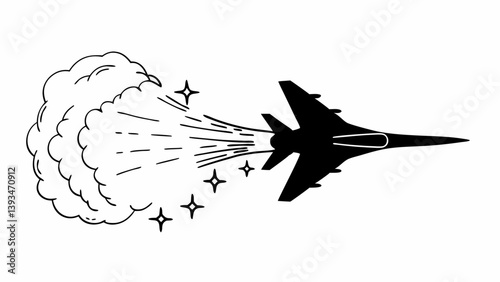 Jet Plane Silhouette Speed Smoke Sparkles Black and White Art