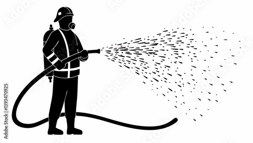 Firefighter Spraying Water Hose Black and White Silhouette Vector