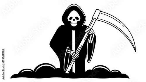 Cartoon Grim Reaper Vector Image Death Scythe Skull Cloak Halloween Gothic Black and White Illustration