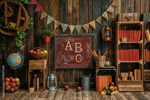 Children Graduation Backdrop Rustic Vintage Classroom Charm: Timeless Learning Environment with Wicker Accents
