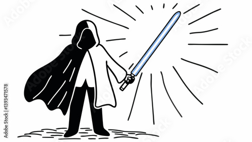 Stick Figure Jedi Knight with Blue Lightsaber Cloak and Hood Drawing