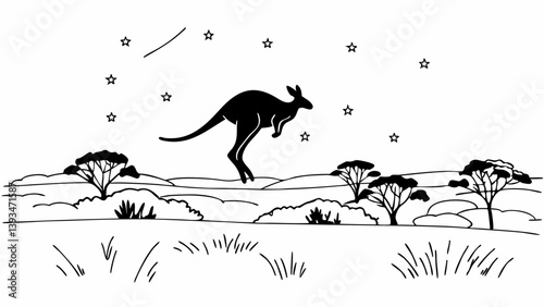 Starry Outback Night Kangaroo Silhouette B&W Australian Drawing