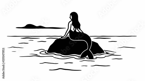 Black and White Mermaid Illustration Sitting on Rock in Ocean Minimalist Seascape Line Art