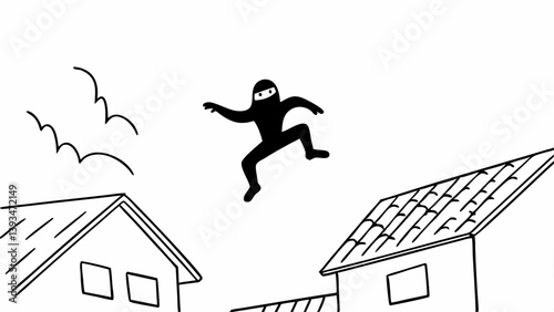 Cartoon Ninja Leaping Rooftops Black and White Art Illustration