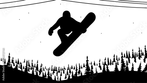 Black and White Snowboarder Silhouette Jump Winter Trees