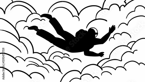 Skydiver Silhouette Freefalling Through White Clouds Black and White Line Art Illustration Skydiving Adventure Extreme Sport Action High Altitude Thrill Seekers Adrenaline Rush Fun Excitement