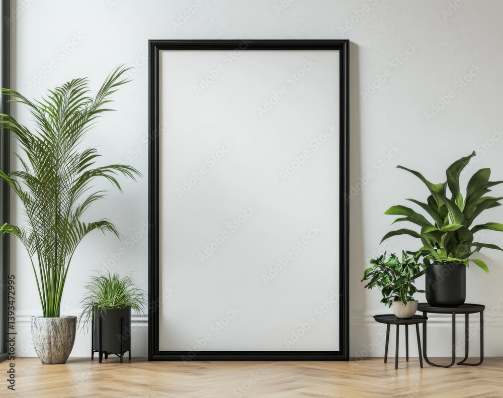 Empty frame, plants, modern room Empty frame, plants, modern room