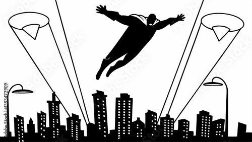 Black and White Comic Book Super Hero Flying Over City Night Spotlights