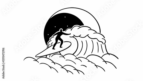 Dramatic Night Surf Line Drawing Black and White Surfer Riding Wave Under Starry Crescent Moon
