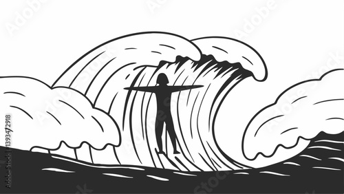Dramatic Giant Ocean Wave Black and White Line Art Drawing Figure Facing Sea Wave Beach Graphic Digital Artwork Design