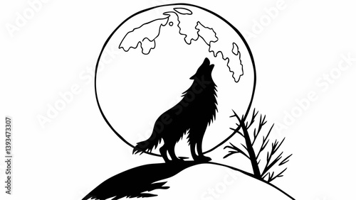 Black Wolf Howling at Moon Silhouette Vector Illustration Night Scene Nature Clipart