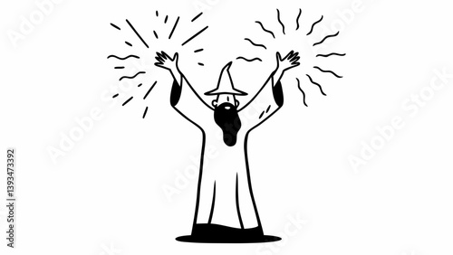 Bearded Wizard Pointed Hat Magic Casting Black White Illustration
