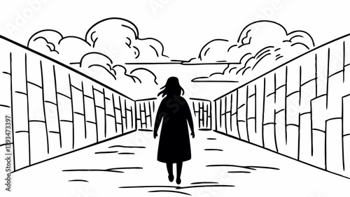 Black and White Cartoon Solitary Woman Brick Alley Horizon Clouds