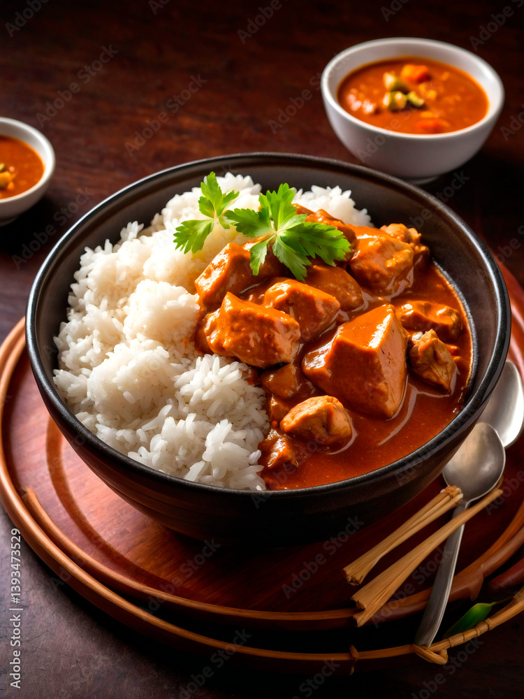 Tasty chicken curry served with steamed rice in a cozy setting Generative AI Tasty chicken curry served with steamed rice in a cozy setting Generative AI