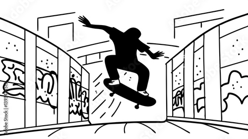 Black and White Line Art Skateboarding Trick Urban Skatepark Graffiti Illustration