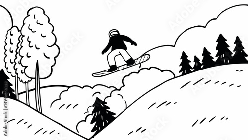 Cartoon Snowboarder Jumping Winter Black and White Drawing