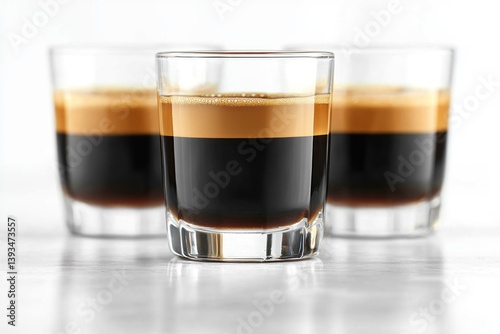 Three glasses of espresso coffee on a marble surface.