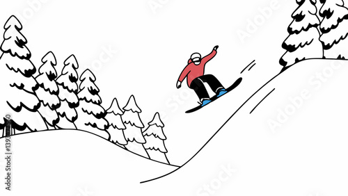 Snowboarder Downhill Snowy Forest Black White Line Art Winter Sport Image