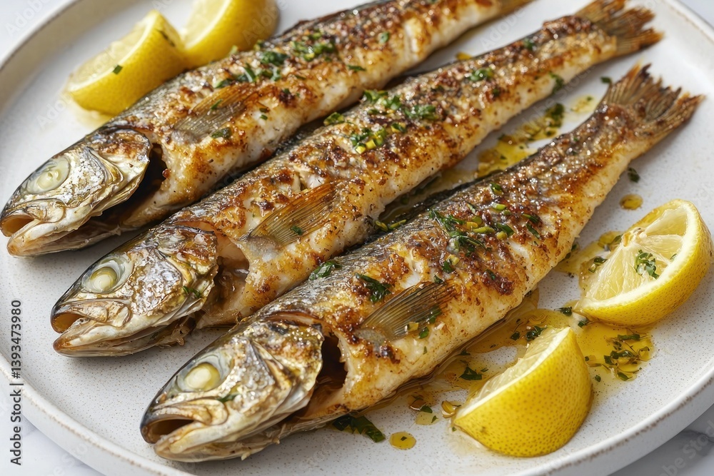 Three grilled fish with lemon slices and herbs on a plate. Three grilled fish with lemon slices and herbs on a plate.