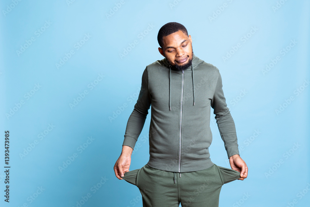 African american broke person with empty pockets being worried about unemployment, having no money and living in poverty. Poor cashless guy deals with bankruptcy, expensive lifestyle.