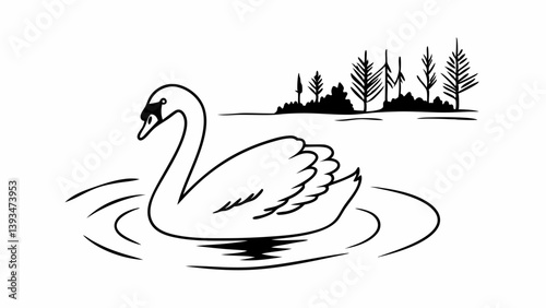 Black and White Line Art Swan Lake Nature Bird Ripples Trees