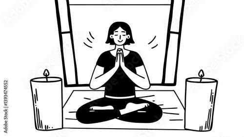 Calm Woman Lotus Pose Meditation Candles B&W Drawing