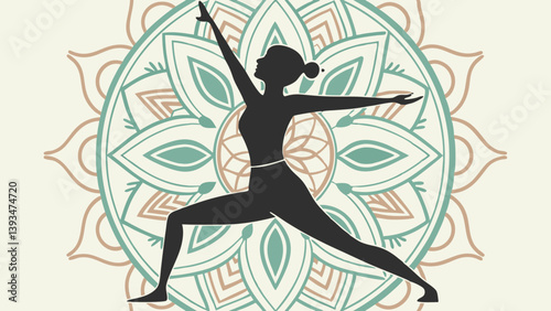 Serene Earthy Tone Yoga Woman Silhouette Warrior II Pose Detailed Mandala Background Vector Illustration for Meditation, Wellness & Fitness