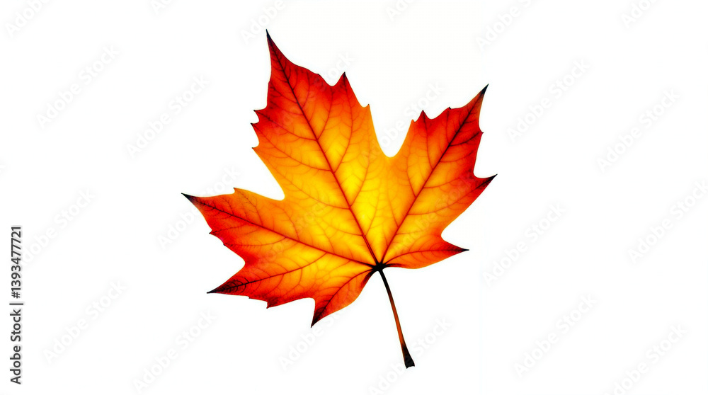 Obraz premium A fiery maple leaf, ablaze with autumn's vibrant hues against a stark white backdrop