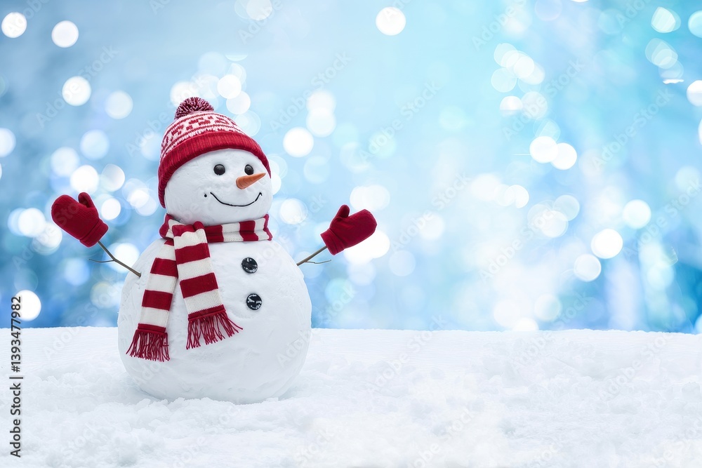 Fototapeta premium Cheerful snowman with hat and scarf in wintery scene.