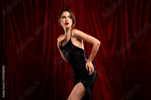 Elegant brunette woman in black evening dress posing against luxurious red textile curtains