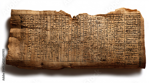 Old Egyptian papyrus displaying hieratic writing, a historical artifact, shown against a white backdrop.   photo