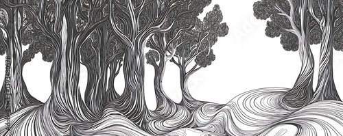 An abstract line illustration a forest with winding trees and twisting roots