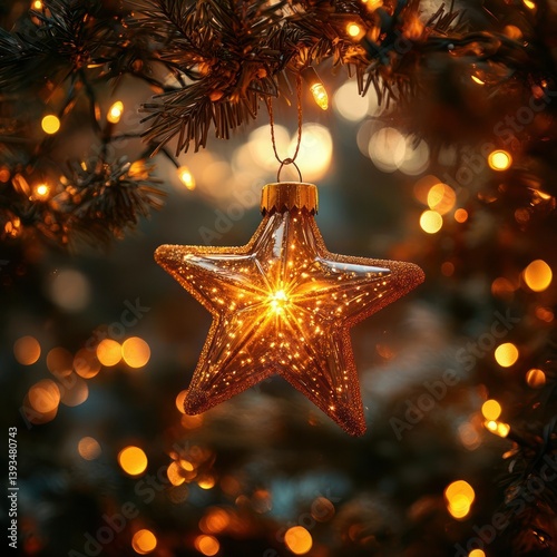 Glowing star ornament on Christmas tree