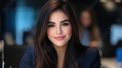A confident young professional woman smiles while seated at her desk in a modern office setting, ideal for corporate or business-related projects, presentations, or articles on leadership,