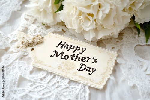A "Happy Mother's Day" tag in an antique script, accompanied by a vintage bouquet of ivory carnations on a white lace antique tablecloth.