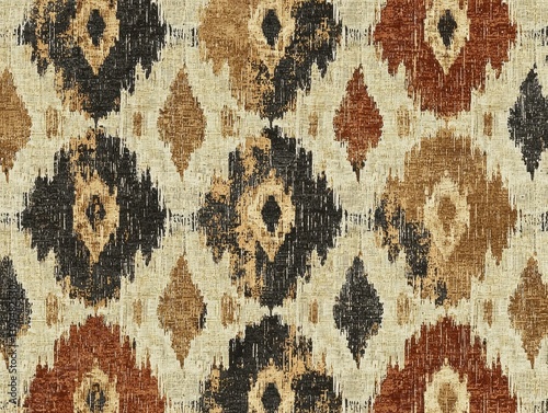 Abstract textile with a decorative pattern of diamond-like shapes and floral-like features in brown, beige, and black tones.