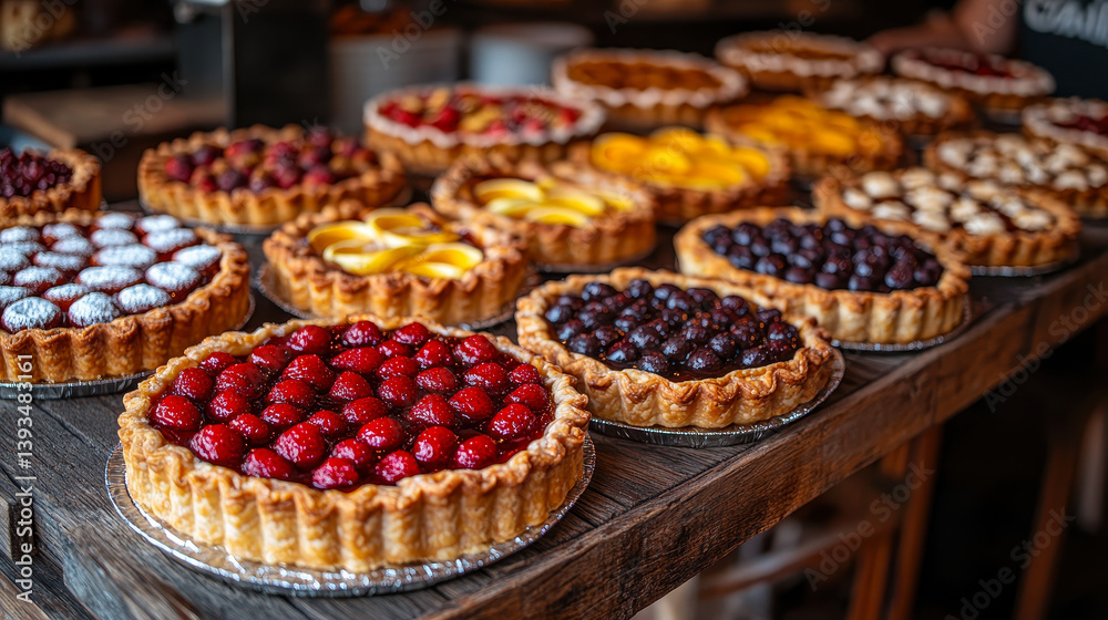 Assorted Homemade Fruit Tarts and Lemon Meringues at an Outdoor Farmers Market Stall Assorted Homemade Fruit Tarts and Lemon Meringues at an Outdoor Farmers Market Stall