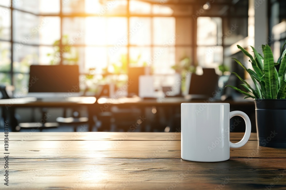 Fototapeta premium White Coffee Mug on Wooden Desk in Bright Modern Office Space