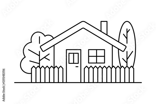 House, fence and trees icon. Black outline linear silhouette. Editable strokes. Front view. Vector simple flat graphic illustration. Isolated object on white background. Isolate.