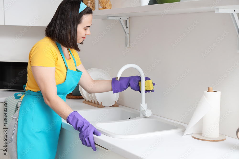 Young woman with sponge cleaning faucet in kitchen Young woman with sponge cleaning faucet in kitchen