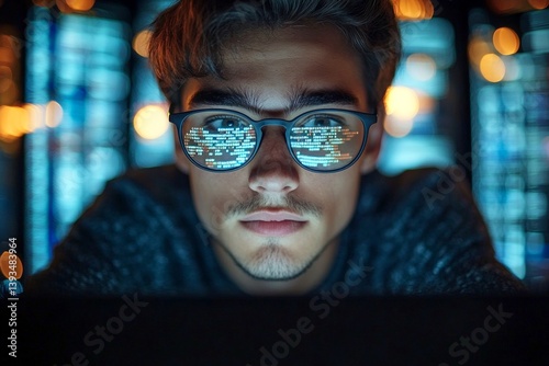 Graphic design idea of it. Blockchain developer looks very focused at the led panel, in dark computing facility. Nerd caucasian young man in relaxed, statistics reflections in his glasses. photo