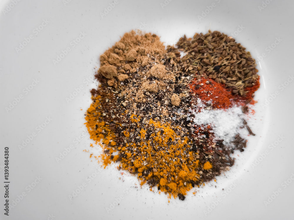 Vibrant spices creating a colorful arrangement heart on a white surface, enhancing culinary creations with rich flavors and aromas background wallpaper copy space