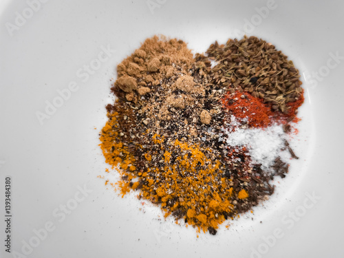 Obraz na płótnie Vibrant spices creating a colorful arrangement heart on a white surface, enhancing culinary creations with rich flavors and aromas background wallpaper copy space w salonie