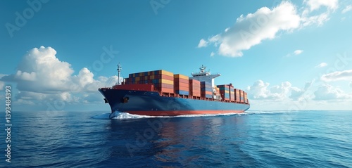 Obraz na płótnie Large cargo ship sails calm ocean under blue sky. Colorful shipping containers on vessel for global trade, export, import. Maritime transport of freight via container shipping. w salonie