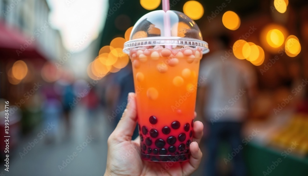 Hand holding plastic glass of orange tea with bubbles and white and black pearls at the bottom. Blurred outdoor background with warm lighting and people. Summer drink concept